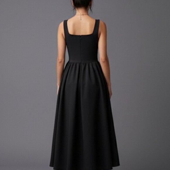 Classic Sleeveless V-Neck Ruffled Waist Fitted Midi Dress Black - Picture 6 of 11